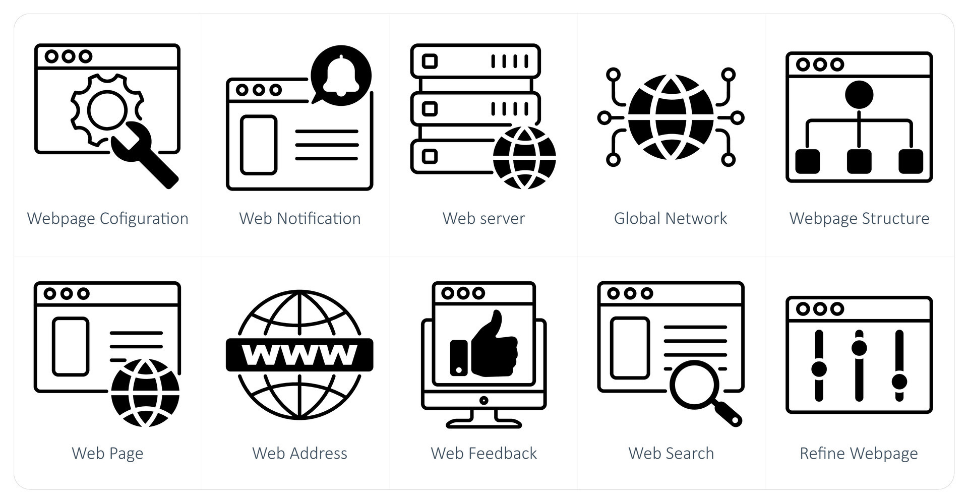 A set of 10 seo icons as webpage configuration, web notification, web ...