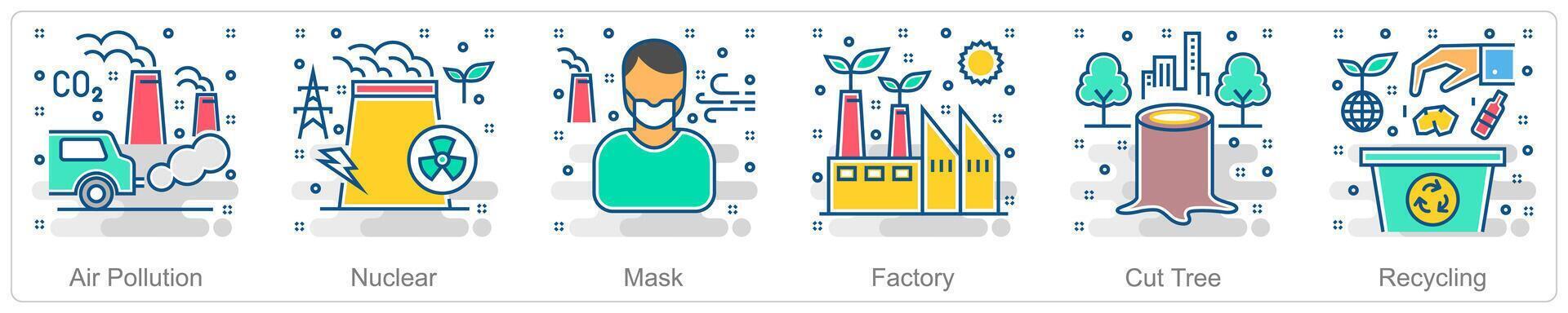 A set of 6 Ecology icons as air pollution, nuclear, mask vector