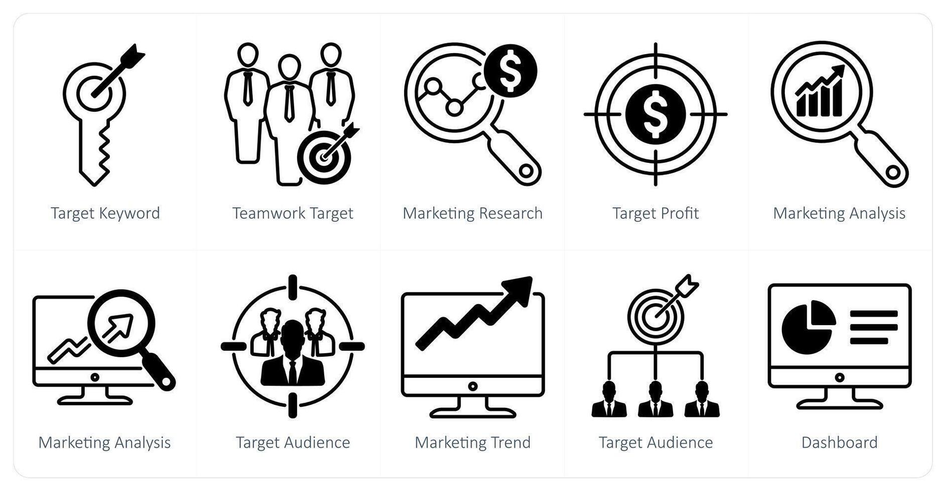 A set of 10 seo icons as target keyword, teamwork target, marketing research vector