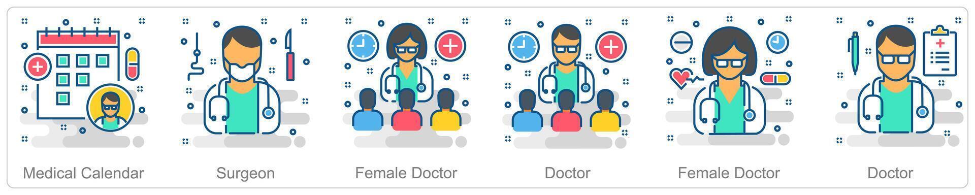 A set of 6 Medical icons as medical calendar, surgeon, female doctor vector