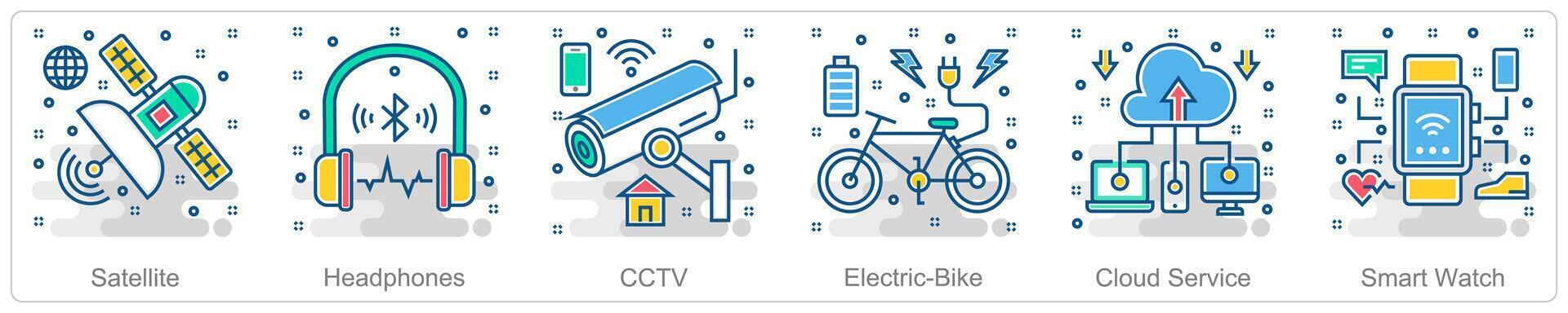 A set of 6 Smart Technology icons as satellite, headphone, cctv vector