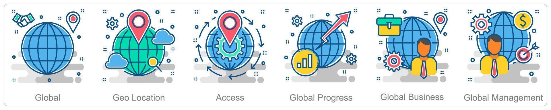 A set of 6 Business icons as global, geo location, access vector