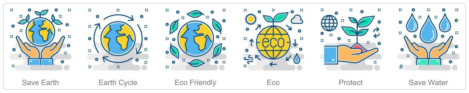 A set of 6 Ecology icons as save earth, earth cycle, eco friendly vector