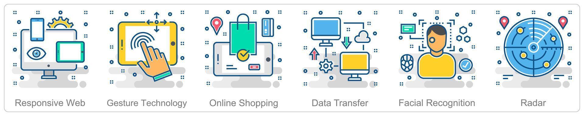 A set of 6 Smart Technology icons as responsive web, gesture technology, online shopping vector