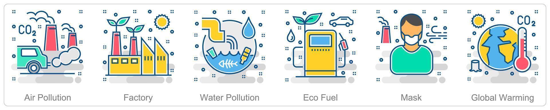 A set of 6 Ecology icons as air pollution, factory, water pollution vector