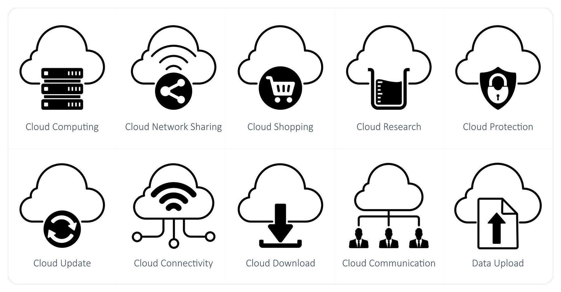 A set of 10 seo icons as cloud computing, cloud network sharing, cloud shopping vector