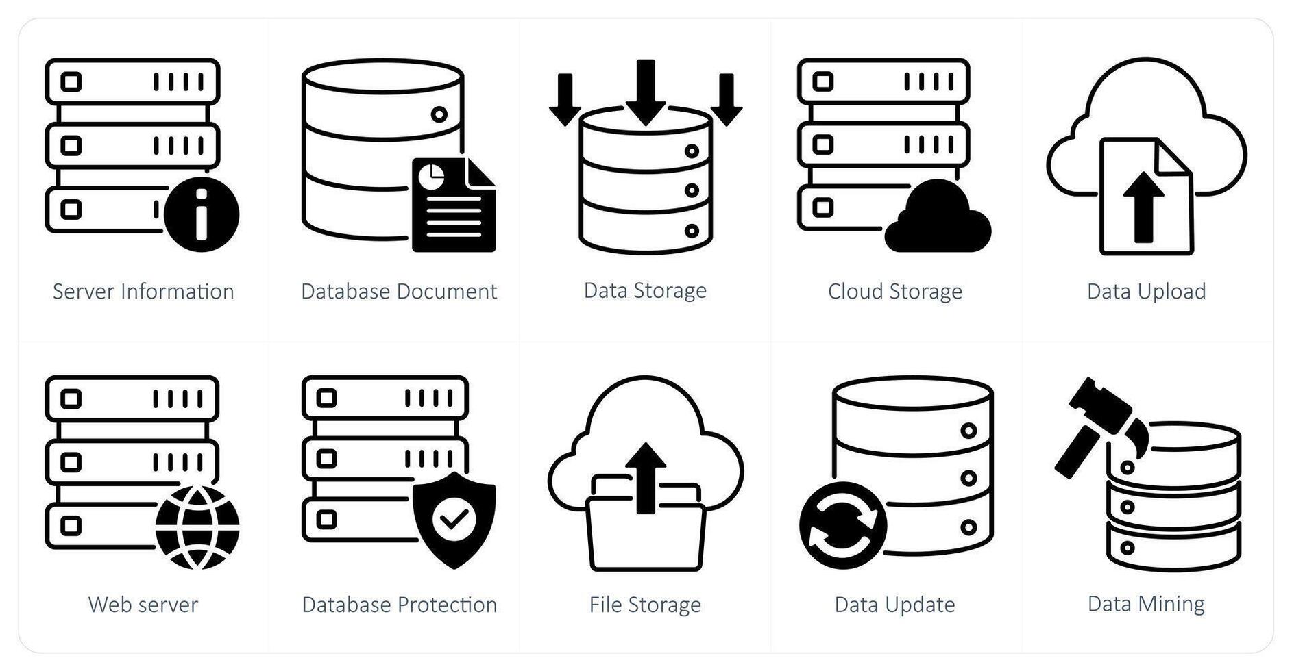 A set of 10 seo icons as server information, database document, data storage vector