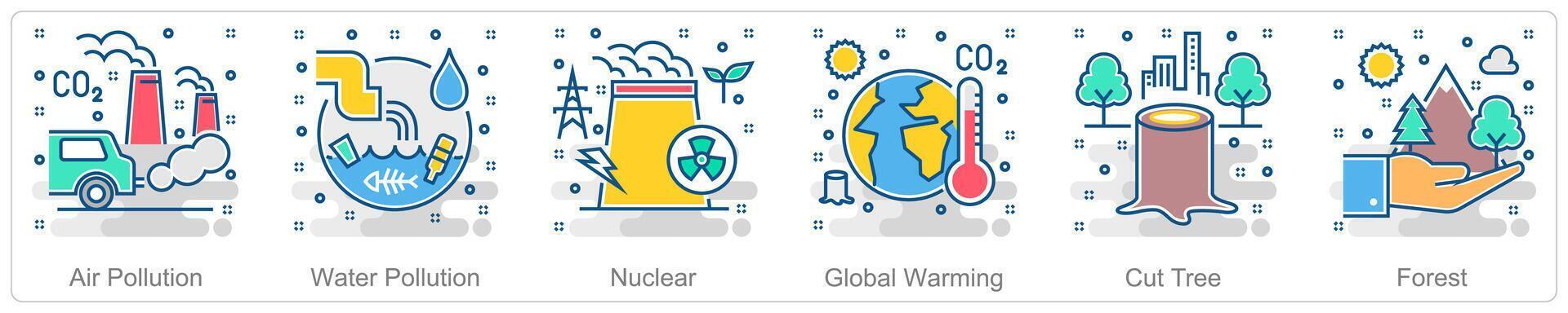 A set of 6 Ecology icons as air pollution, water pollution, nuclear vector