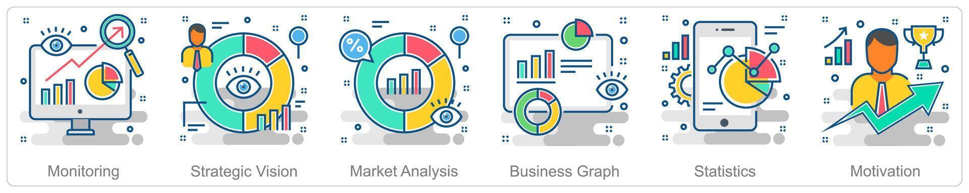 A set of 6 Business icons as monitoring, strategic vision, market analysis vector
