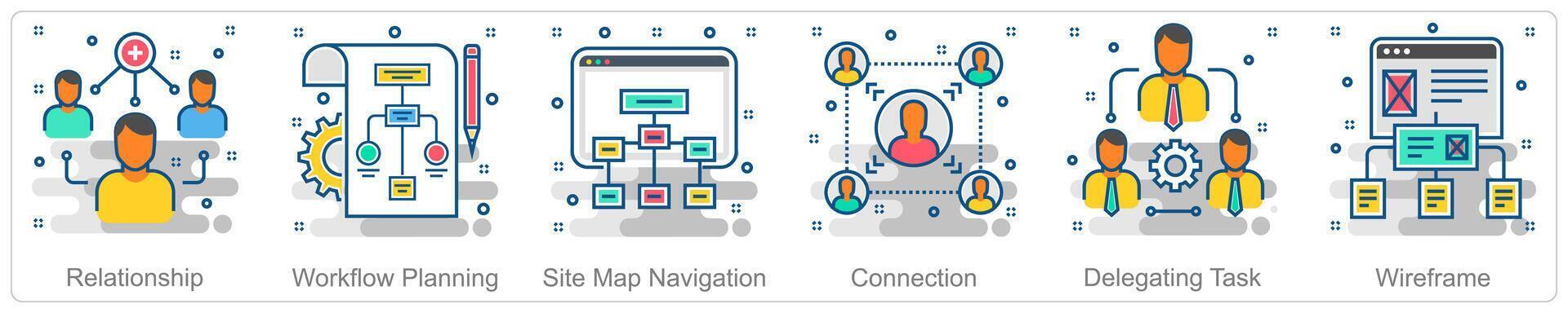 A set of 6 Business icons as relationship, workflow planning, site map navigation vector