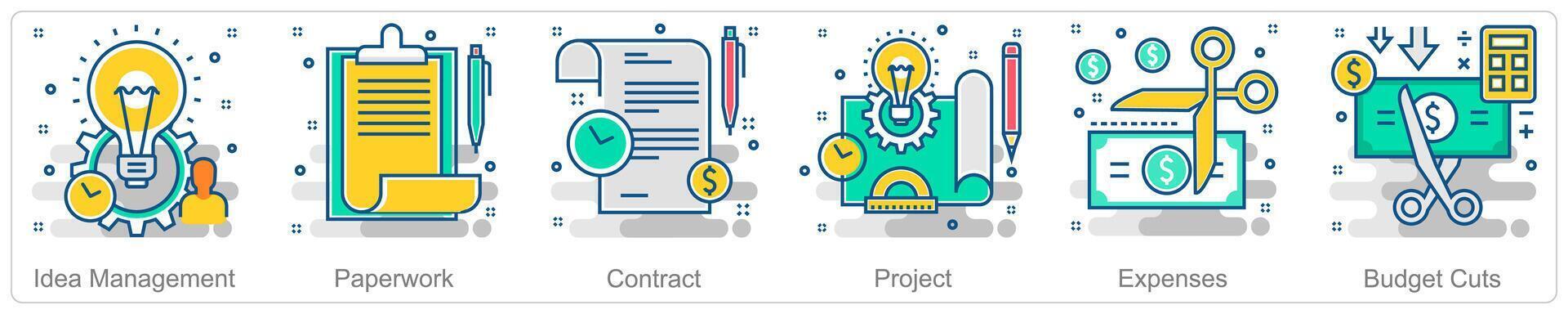 A set of 6 Business icons as idea management, paperwork, contract vector