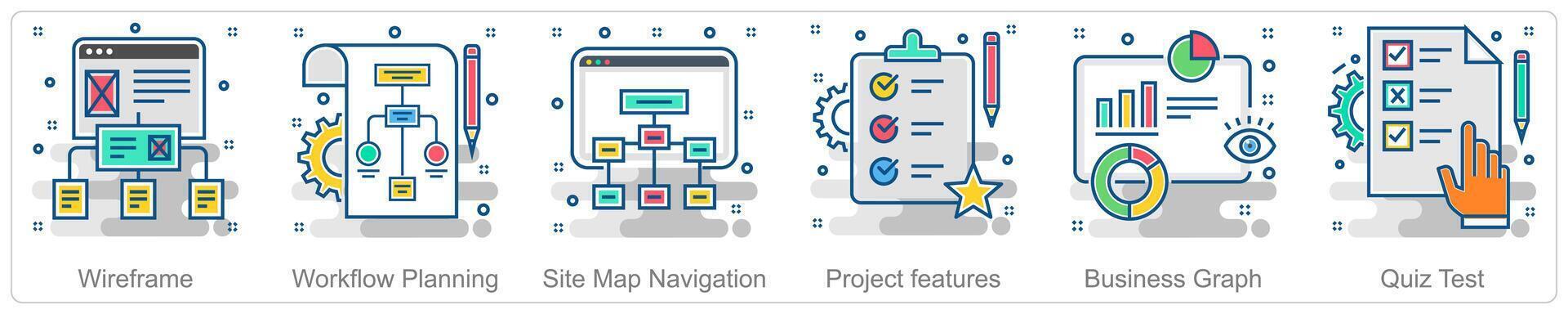 A set of 6 Business icons as wireframe, workflow planning, site map navigation vector