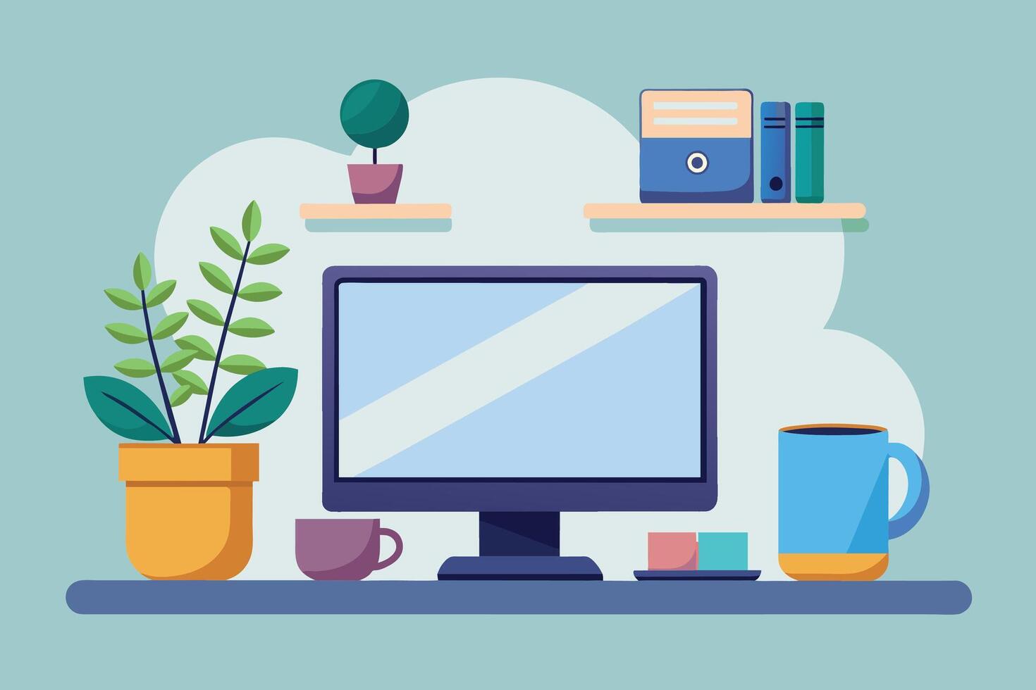 A flat illustration of a modern home office desk with a computer, plants, and a coffee mug. vector