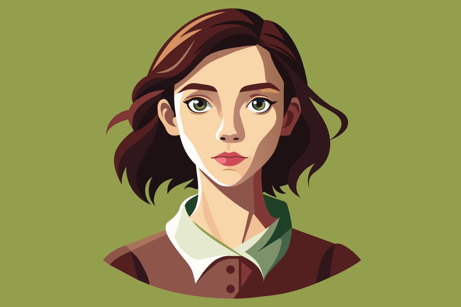 A digital illustration depicting a young woman with brown hair and green eyes, dressed in a brown shirt with a white collar. She is looking directly at the viewer with a serious expression. vector