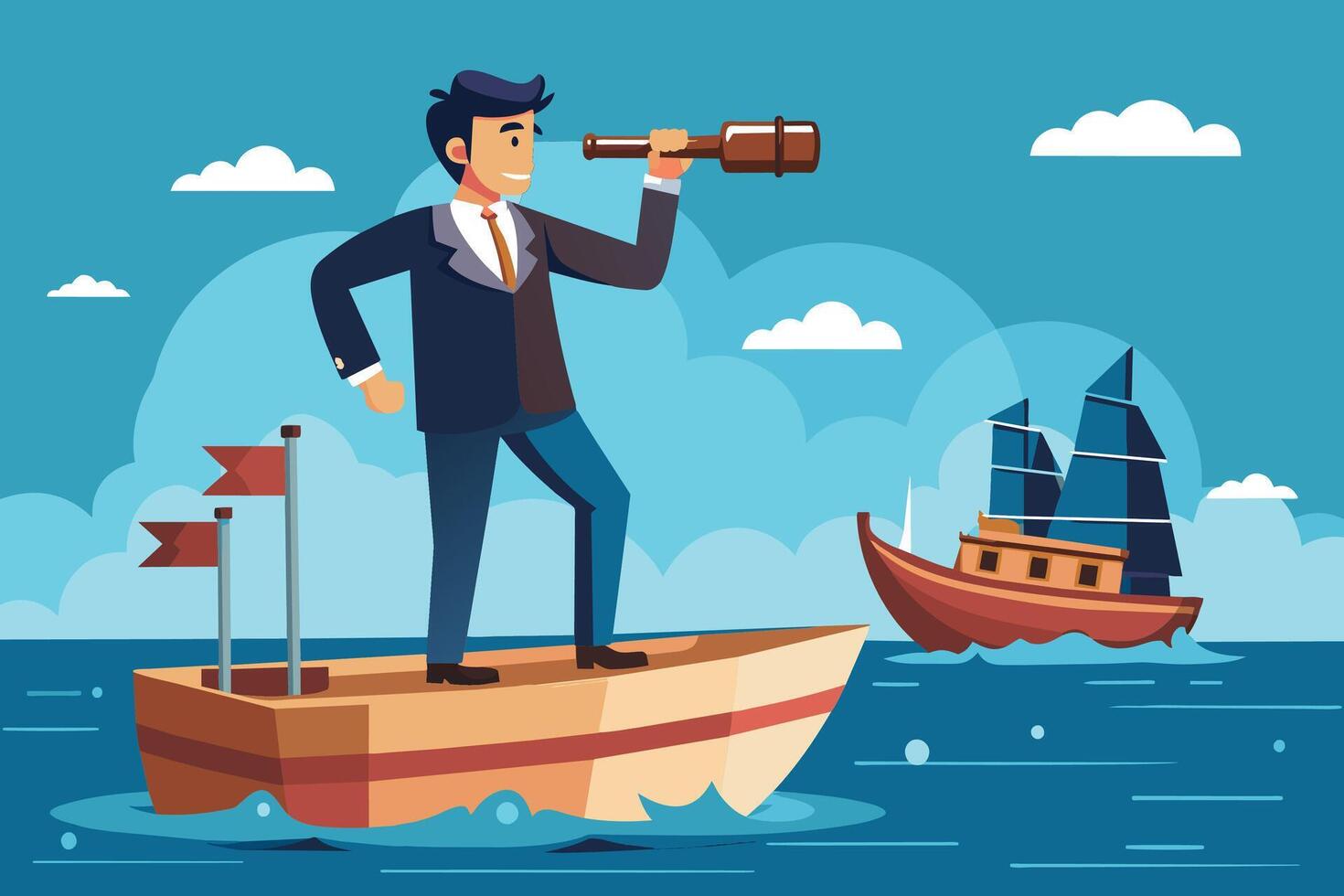 A businessman in a suit stands on a small boat in the middle of the sea, holding a telescope and looking at a larger ship sailing in the distance. vector