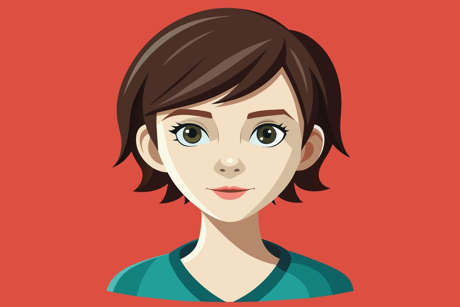 A digital illustration of a young woman with short brown hair and green eyes, wearing a teal shirt, against a red background. vector