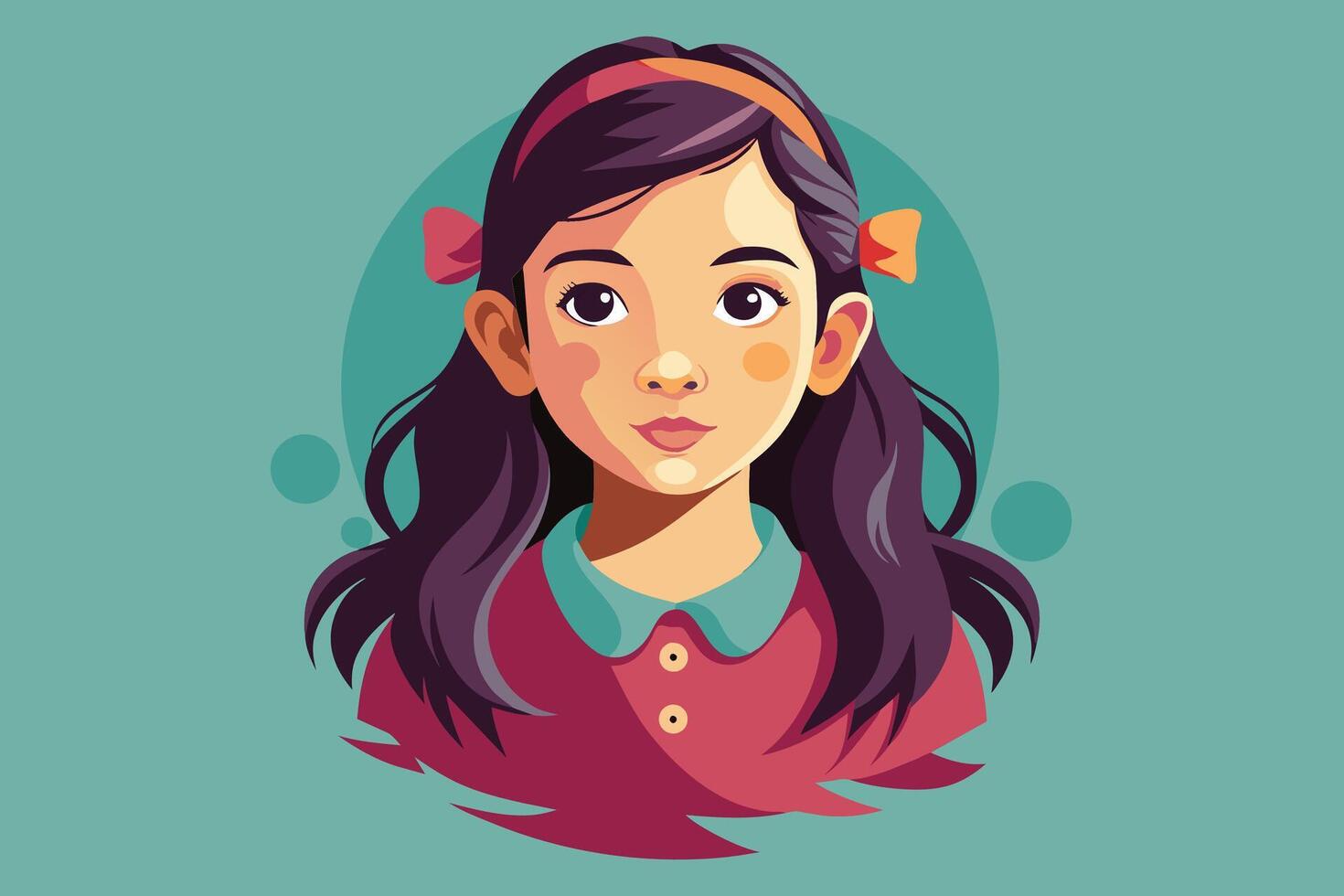 A digital illustration of a young girl with long, dark hair and a red shirt. She is wearing a headband and has a kind expression on her face. vector
