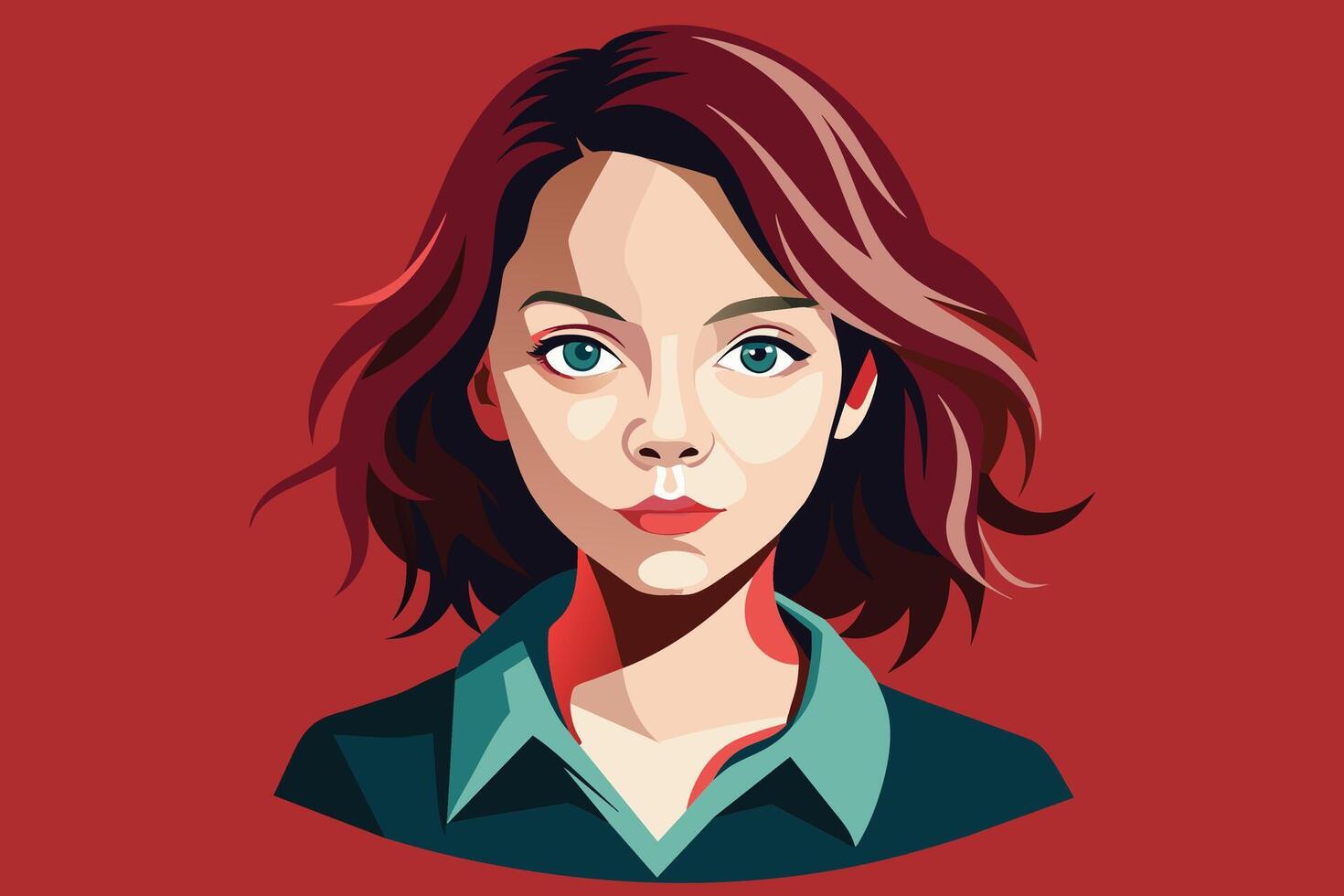 A digital illustration of a young woman with short, brown hair and green eyes. She is looking directly at the viewer with a serious expression. The background is a solid red color. vector