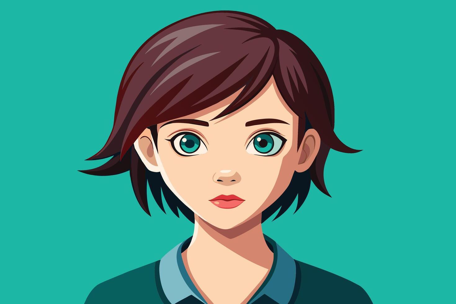 A digital portrait of an anime character with short, brown hair, blue eyes, and a serious expression. The character is wearing a blue shirt and is set against a teal background. vector
