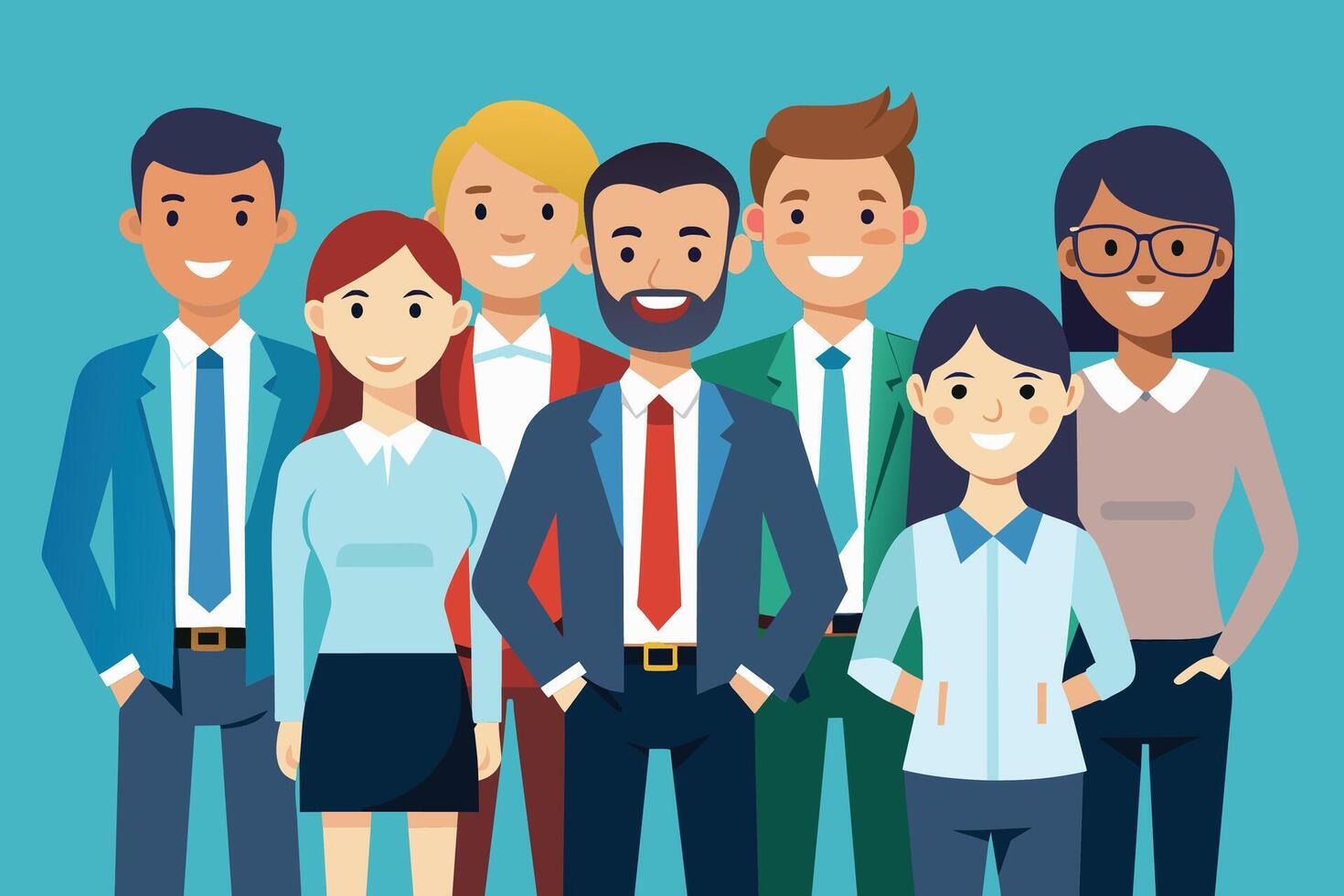 A group of six diverse business professionals, both male and female, stand in a row with their arms at their sides and smiles on their faces. vector