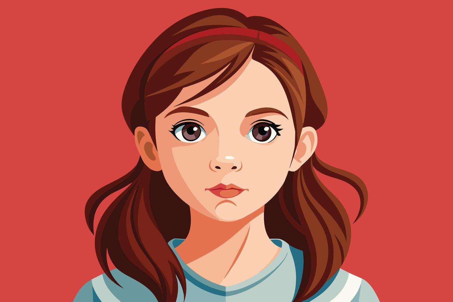 An illustration of a young woman with long brown hair, a red headband, and brown eyes. She is looking directly at the viewer. vector