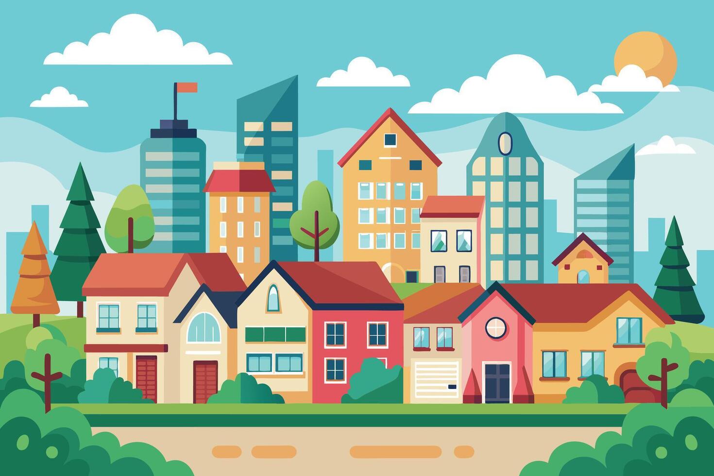 An illustration depicting a vibrant suburban neighborhood with houses, trees, and a sunny sky. vector