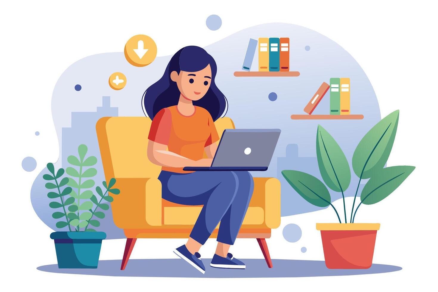 A woman sits in a comfortable yellow chair, working on her laptop computer in a home office setting. vector