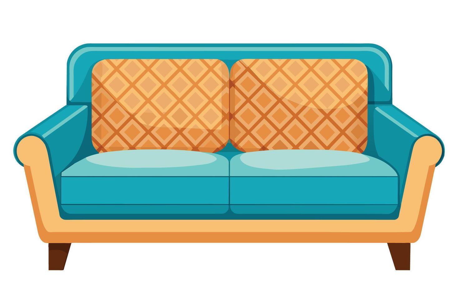 A cartoon image of a blue couch with two orange pillows with a diamond pattern. The couch has a yellow frame and wooden legs. vector