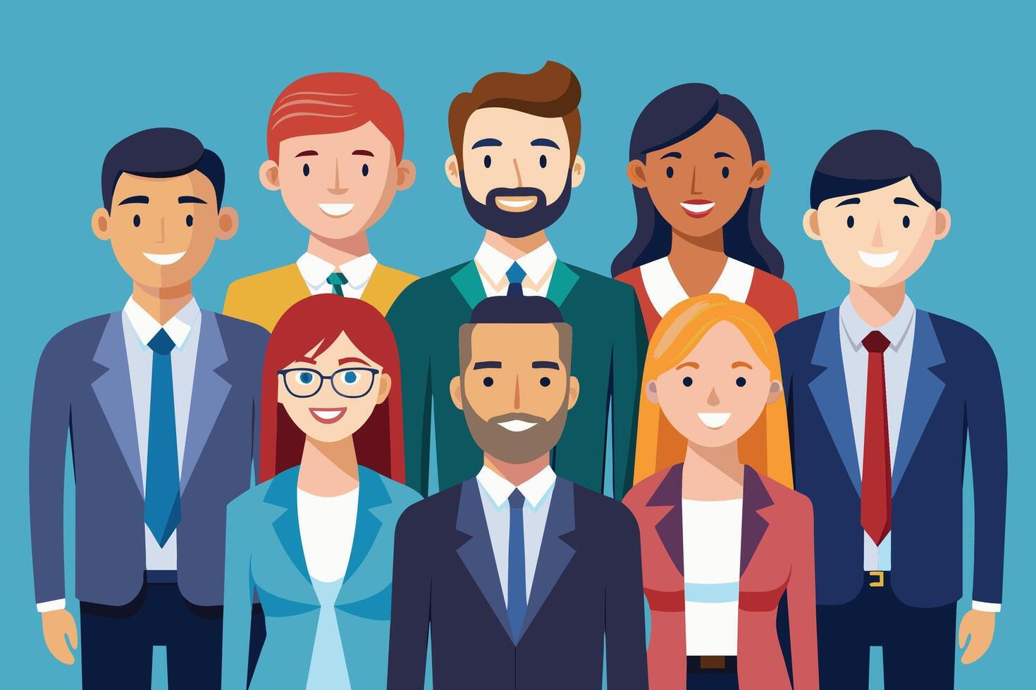 A group of diverse professionals in business attire are smiling at the camera, demonstrating a sense of unity and collaboration in the workplace. vector