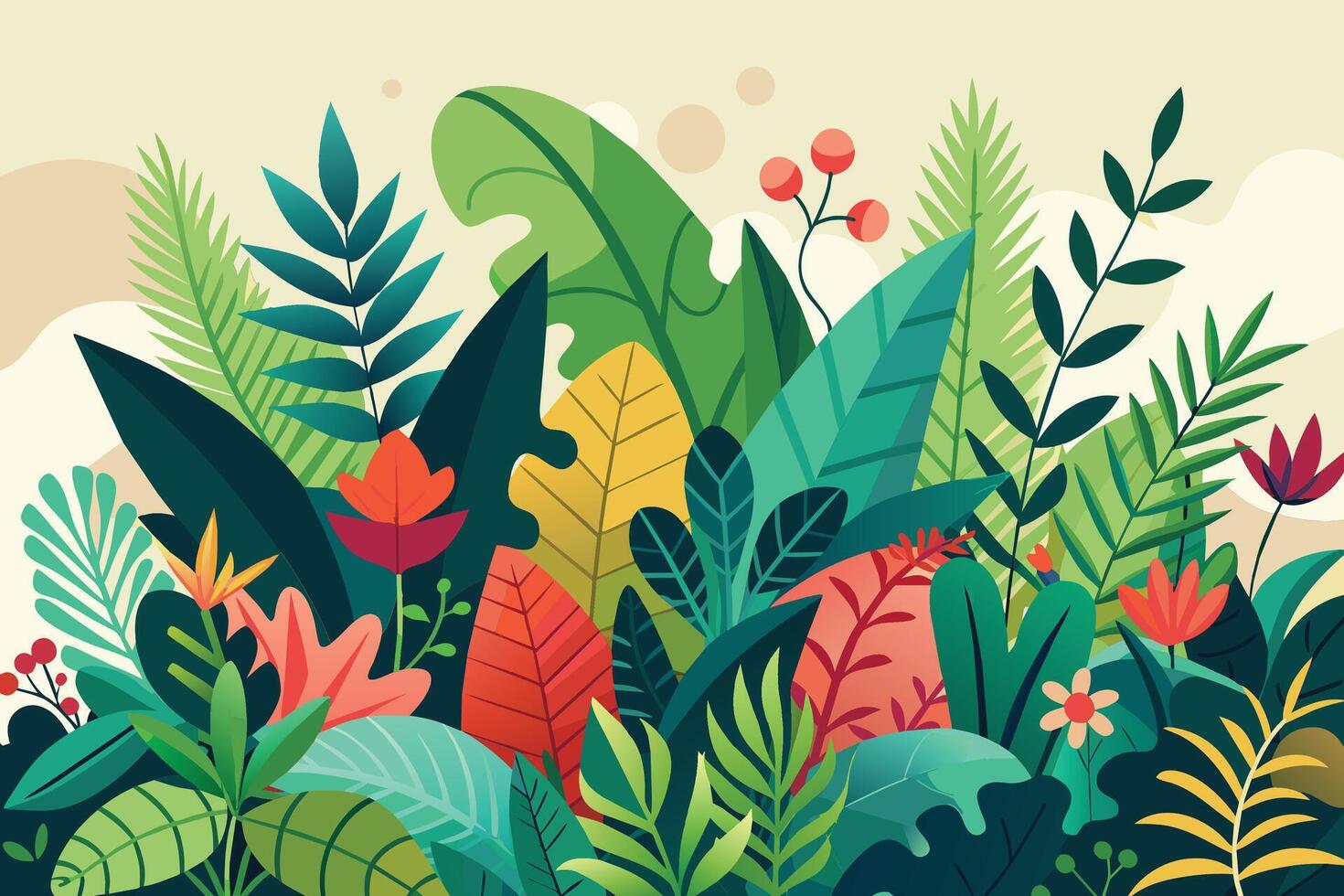 A colorful illustration featuring a variety of tropical plants, including leaves, flowers, and branches, creating a dense and vibrant jungle scene. vector