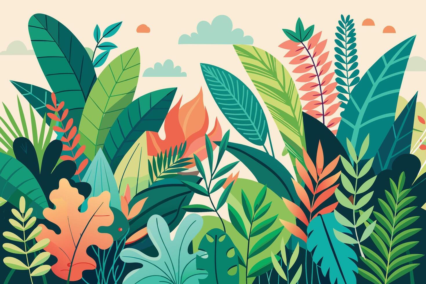 A vibrant illustration featuring a dense collection of tropical rainforest foliage with various green, blue, and orange leaves against a light background. vector