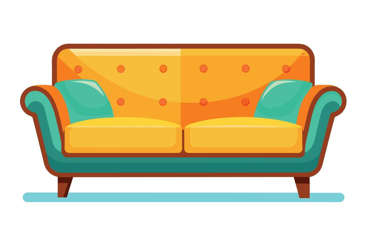 An illustration of a yellow couch with teal cushions and legs, sitting on a light blue rug. vector
