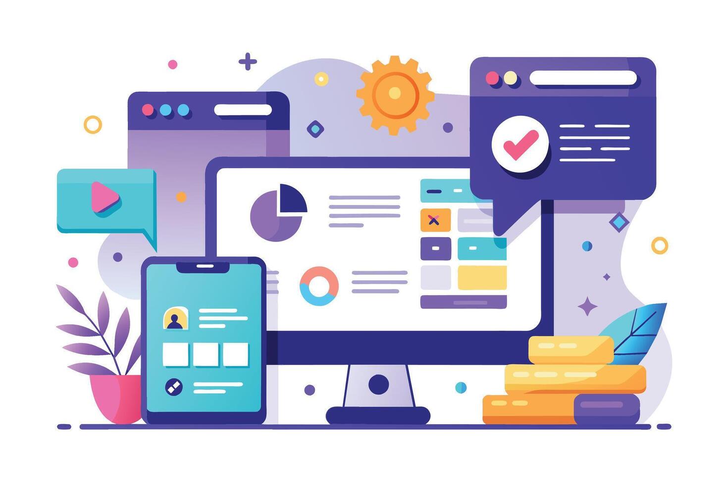 A colorful illustration depicting digital marketing analytics and optimization. A desktop computer displays graphs and data, while a mobile phone shows user engagement metrics. vector