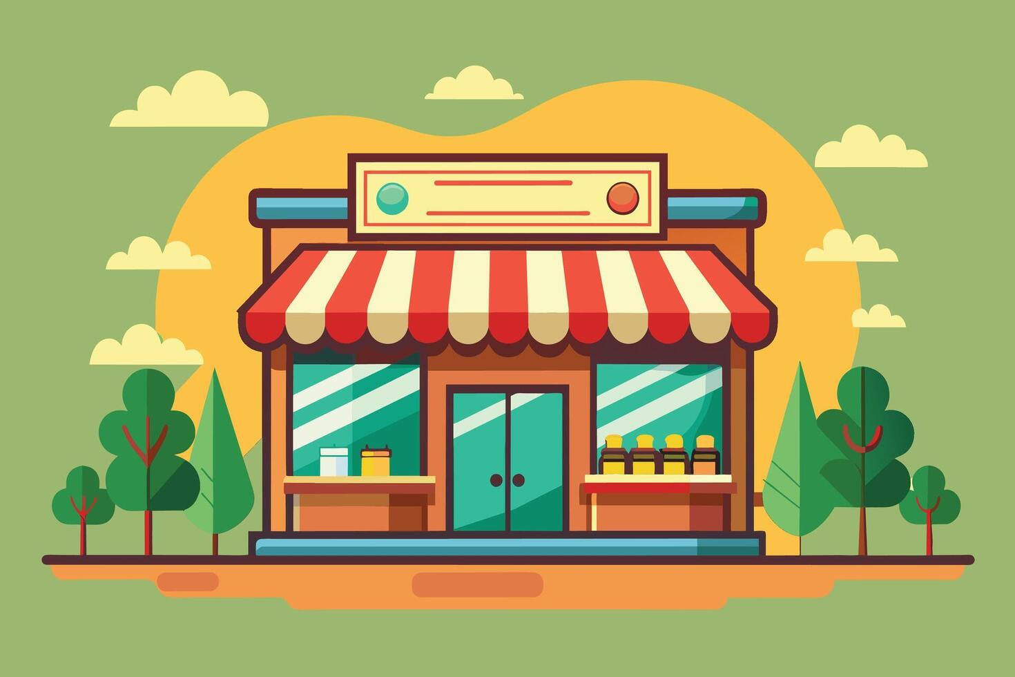 A colorful cartoon illustration depicts a small storefront with a red awning, showcasing a simple and welcoming aesthetic. vector