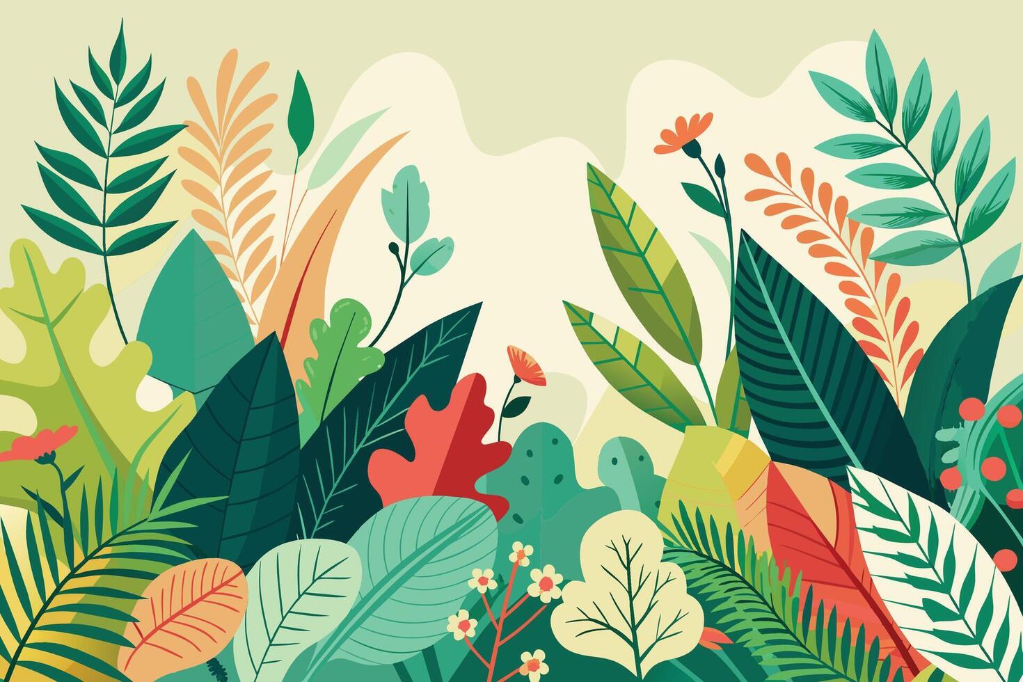 An illustration featuring a vibrant collection of green, red, and yellow tropical leaves and flowers on a light beige background. vector