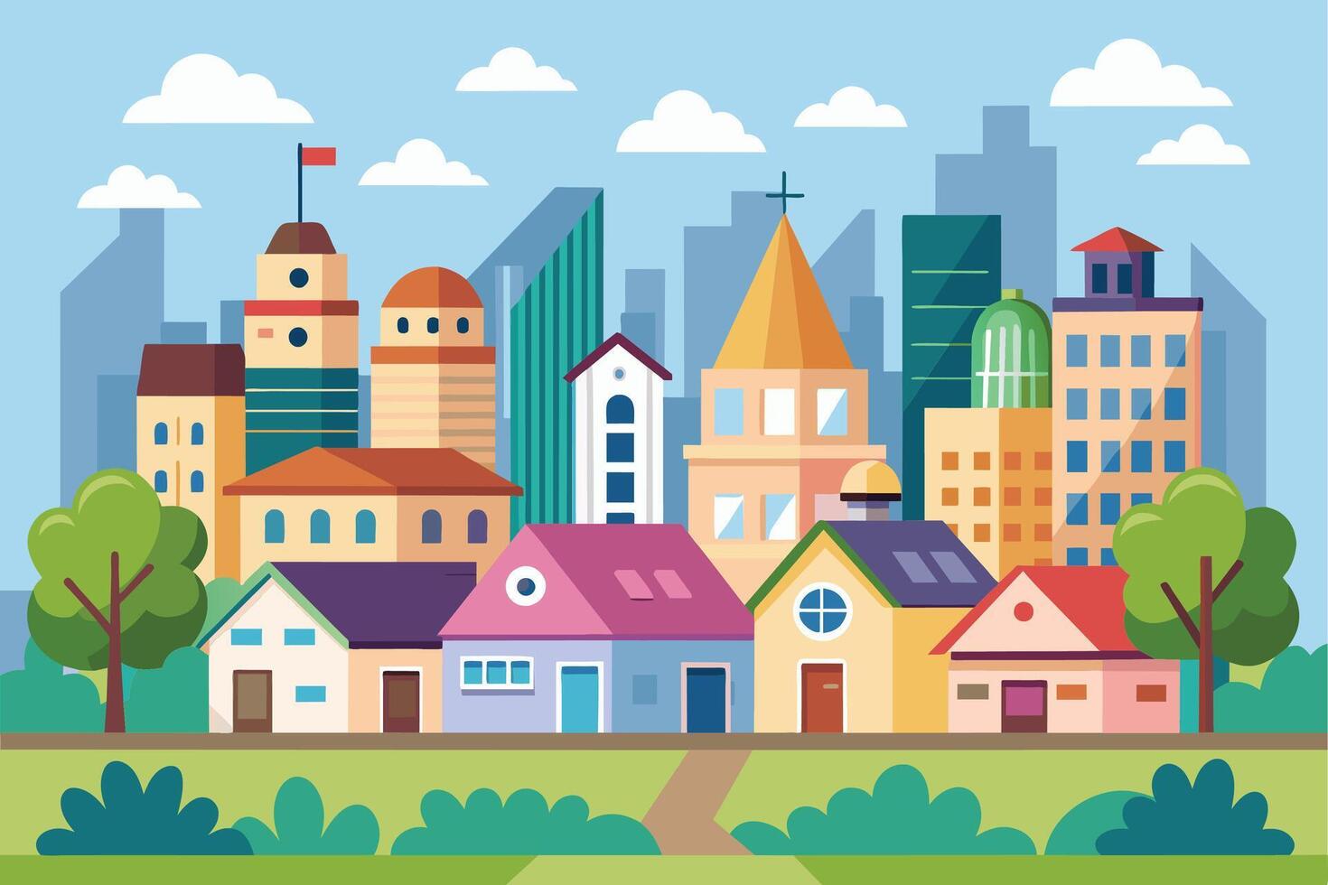 A cartoon illustration of a city with tall buildings, houses, trees, and a blue sky with clouds. vector