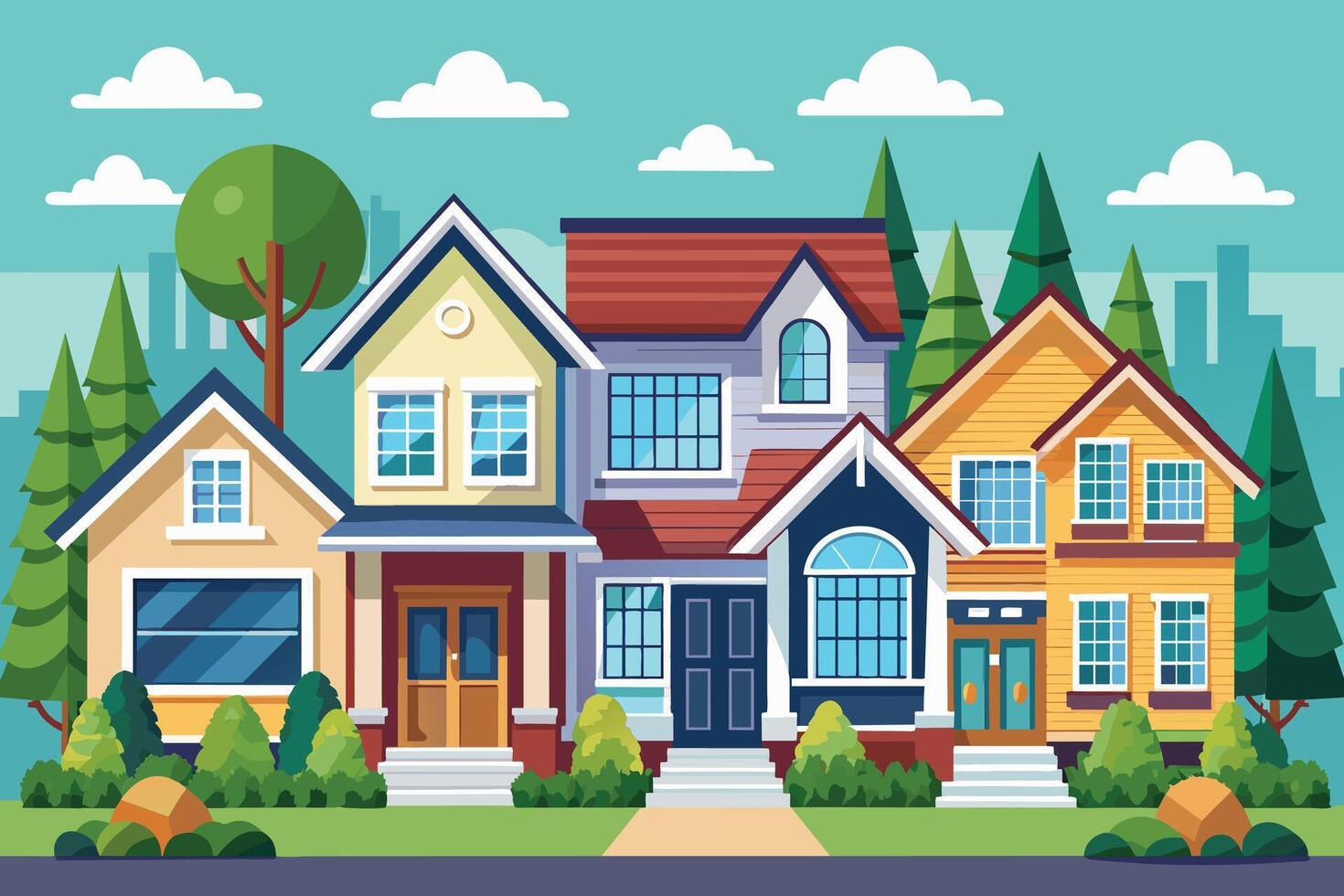 A digital illustration depicting a row of colorful suburban homes on a sunny day. The homes have front yards, green trees, and a sidewalk in front. vector