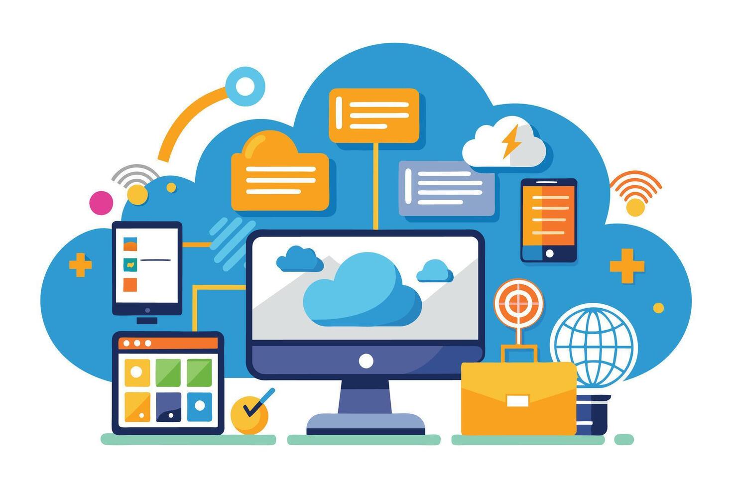 A colorful illustration depicting a computer, tablet, phone, and other devices connected to a cloud network. vector