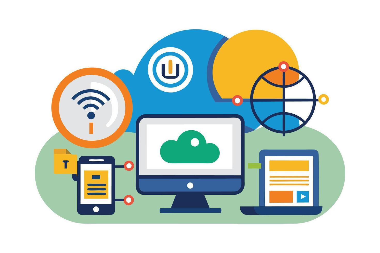 An illustration depicting cloud computing technology, featuring a desktop computer, laptop, smartphone, and various network symbols. vector