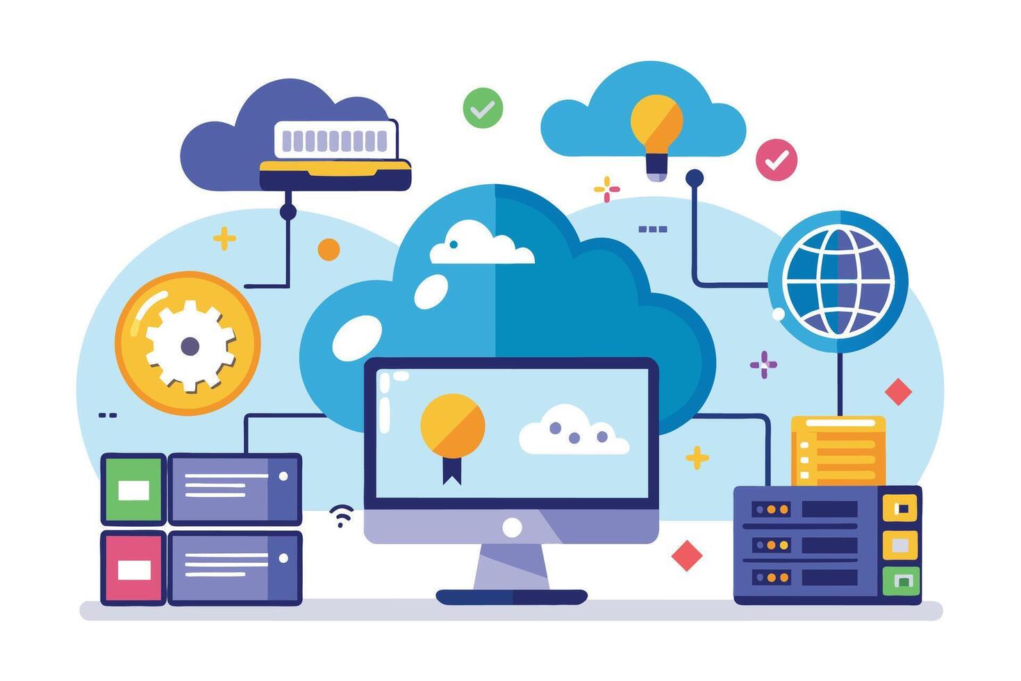 An illustration depicting a cloud computing network. It features a desktop computer, server, and multiple clouds with icons symbolizing data storage, security, and connectivity. vector
