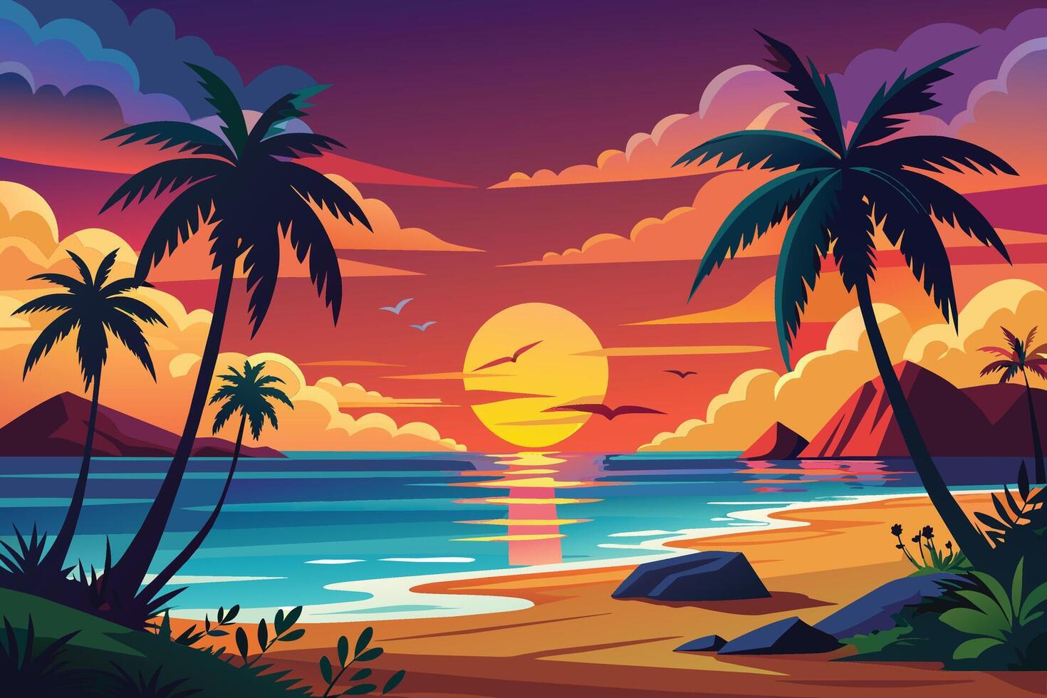 A vibrant sunset scene featuring palm trees silhouetted against a backdrop of colorful clouds and a large, setting sun reflecting on the water. vector