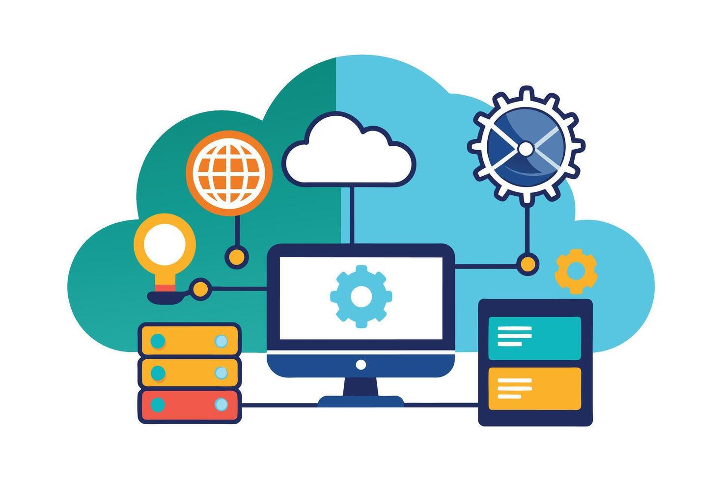 An illustration depicting a modern network system, featuring a desktop computer, a cloud, server towers, and various connectivity icons. vector