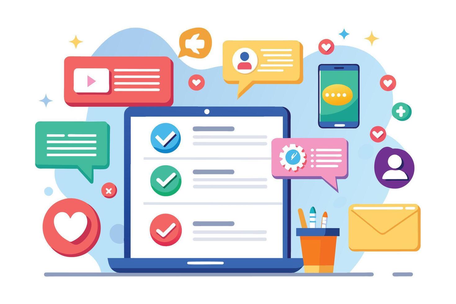 An illustration depicting a laptop with three checkmarks on the screen, surrounded by various icons including a smartphone, message bubbles. vector