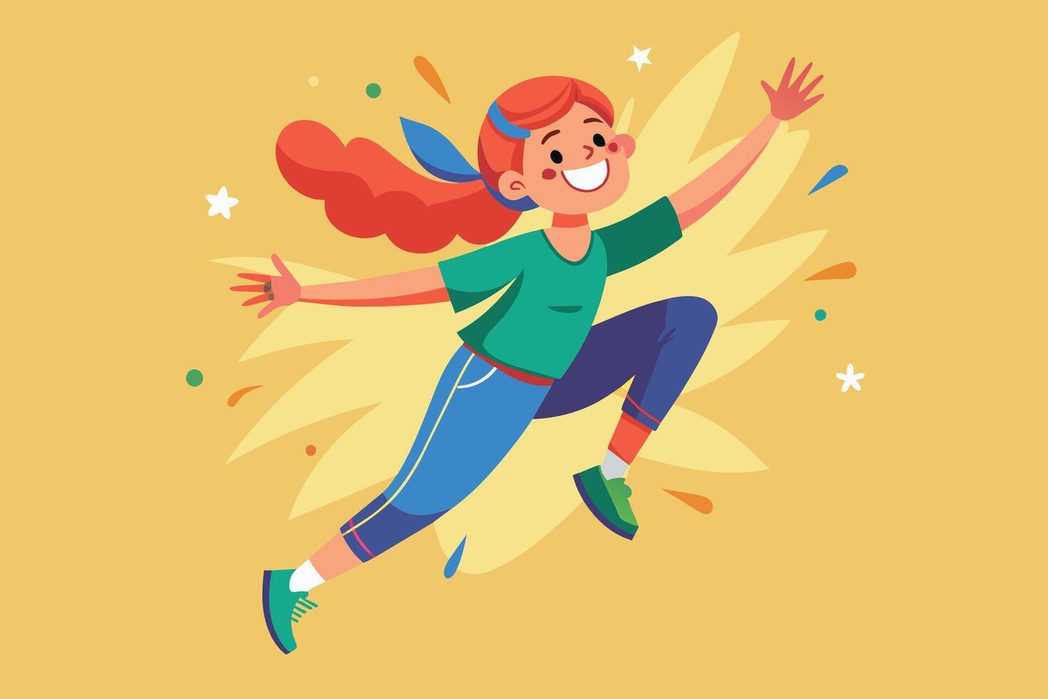 A cheerful girl with long red hair is jumping with arms outstretched in front of a bright yellow background. She is wearing a green t-shirt, blue jeans, and green shoes. vector