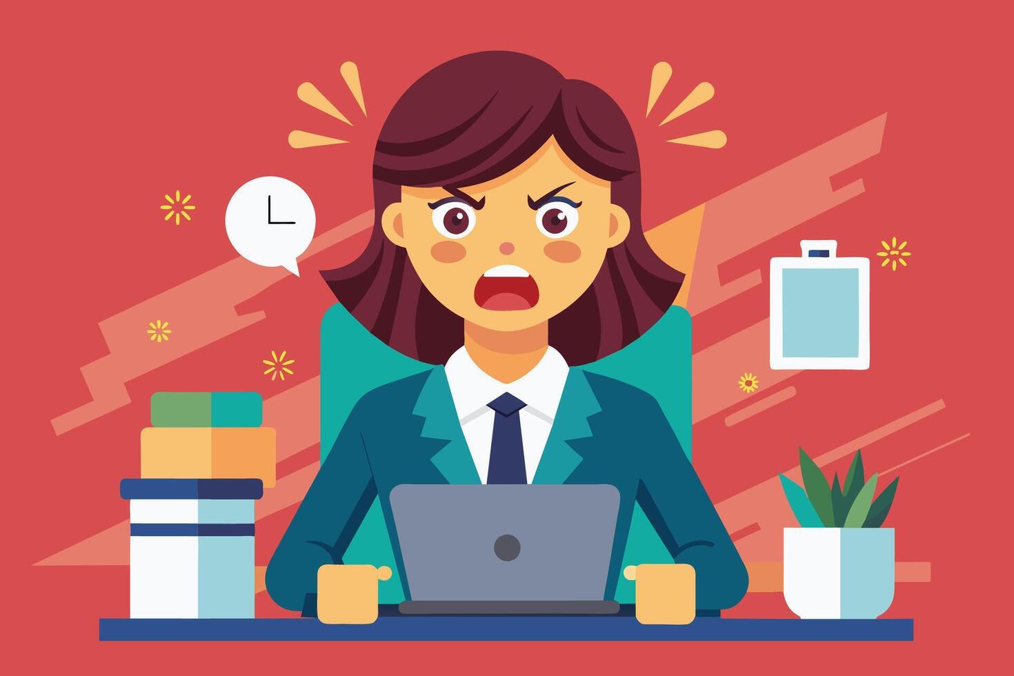 A frustrated businesswoman sits at her desk, working on her laptop. She appears stressed, with her mouth open as if shes shouting. The clock on the wall shows that its almost time for a deadline. vector