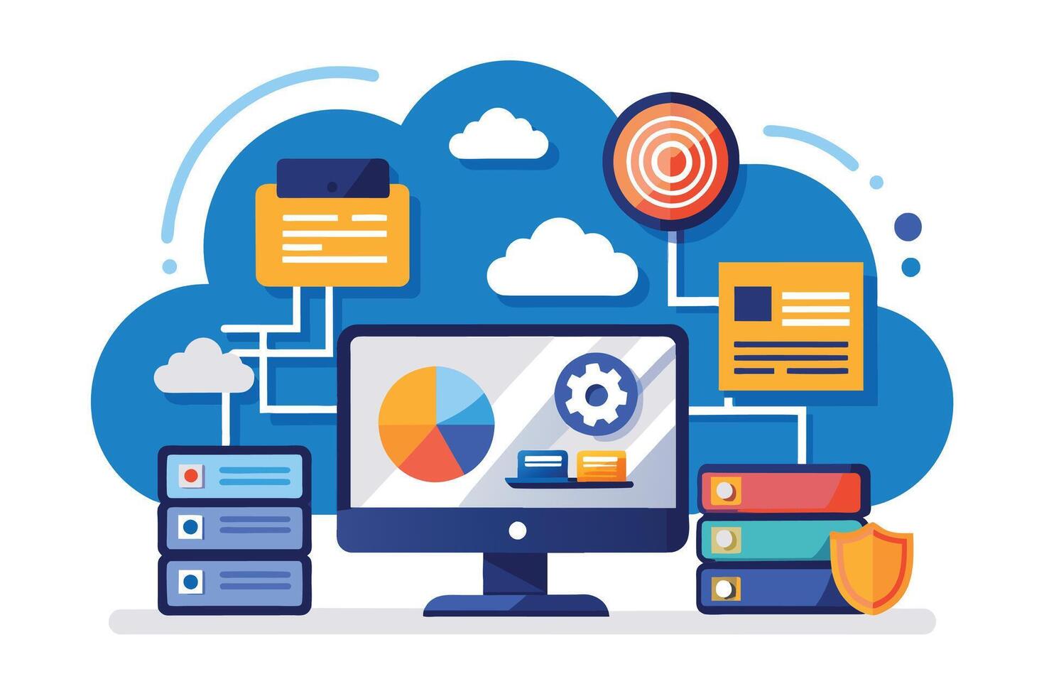 Illustration depicting a secure cloud computing and data management system with network connections, servers, and a desktop computer displaying a pie chart and a gear icon. vector
