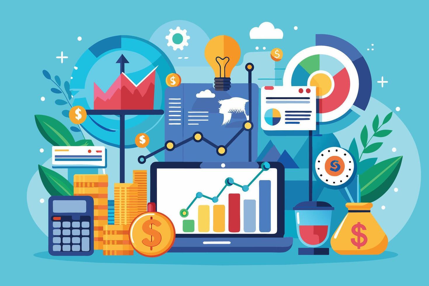 A colorful illustration depicting various business and financial success concepts, including graphs, charts, money, and a calculator. vector