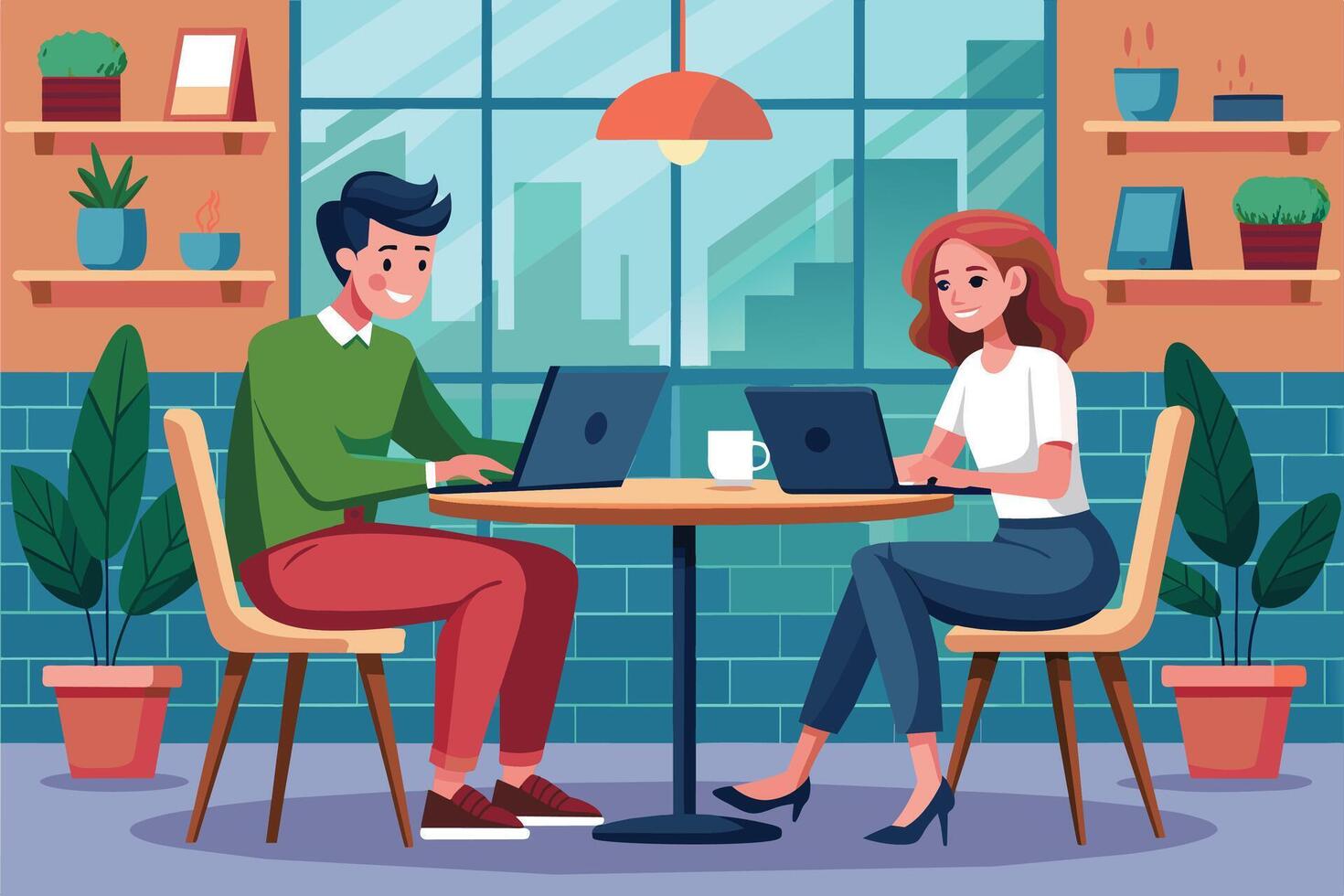 An illustration of a man and a woman working on their laptops at a cafe table. The cafe has a large window overlooking a city skyline. vector