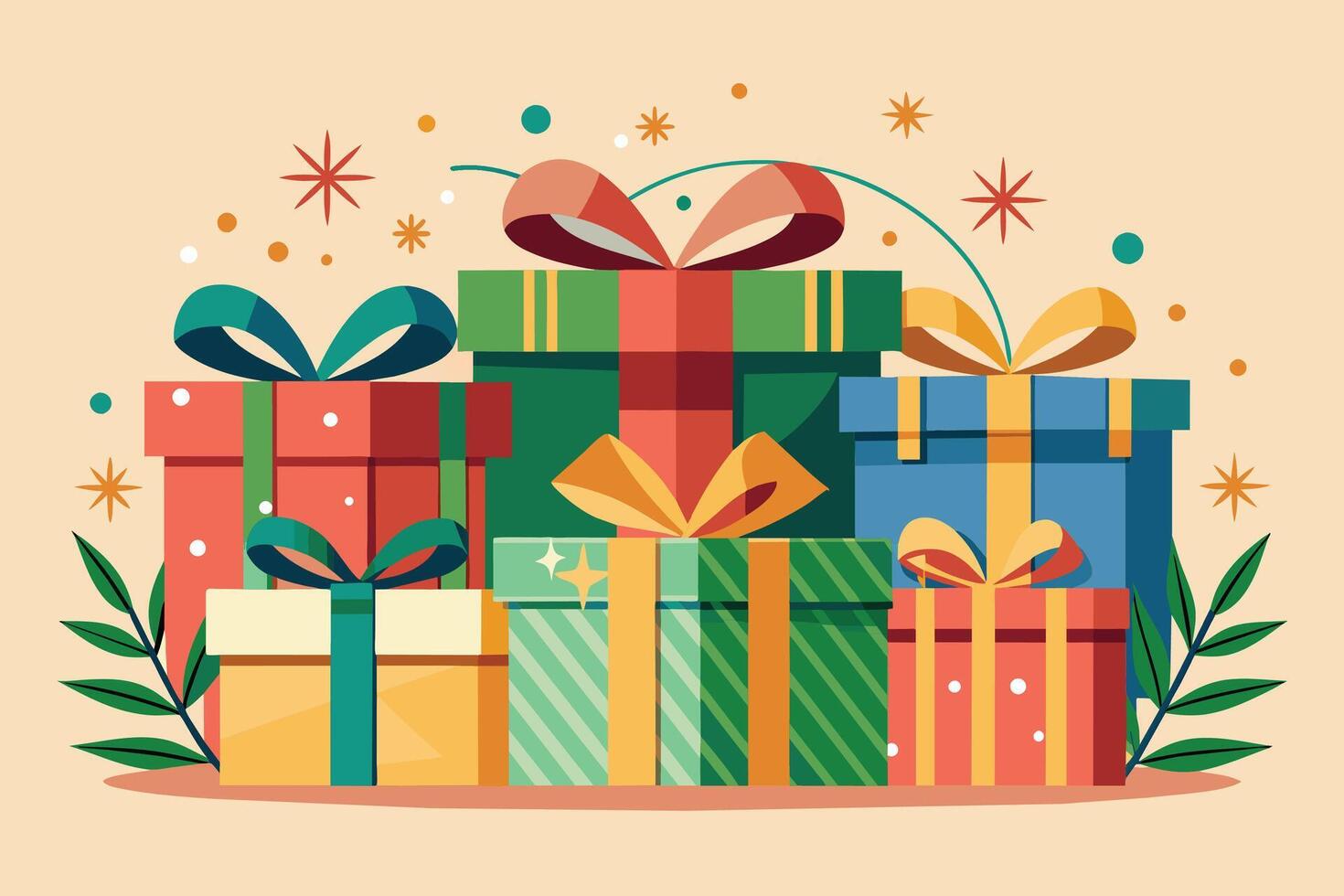A stack of wrapped gift boxes with colorful ribbons and decorative embellishments. vector