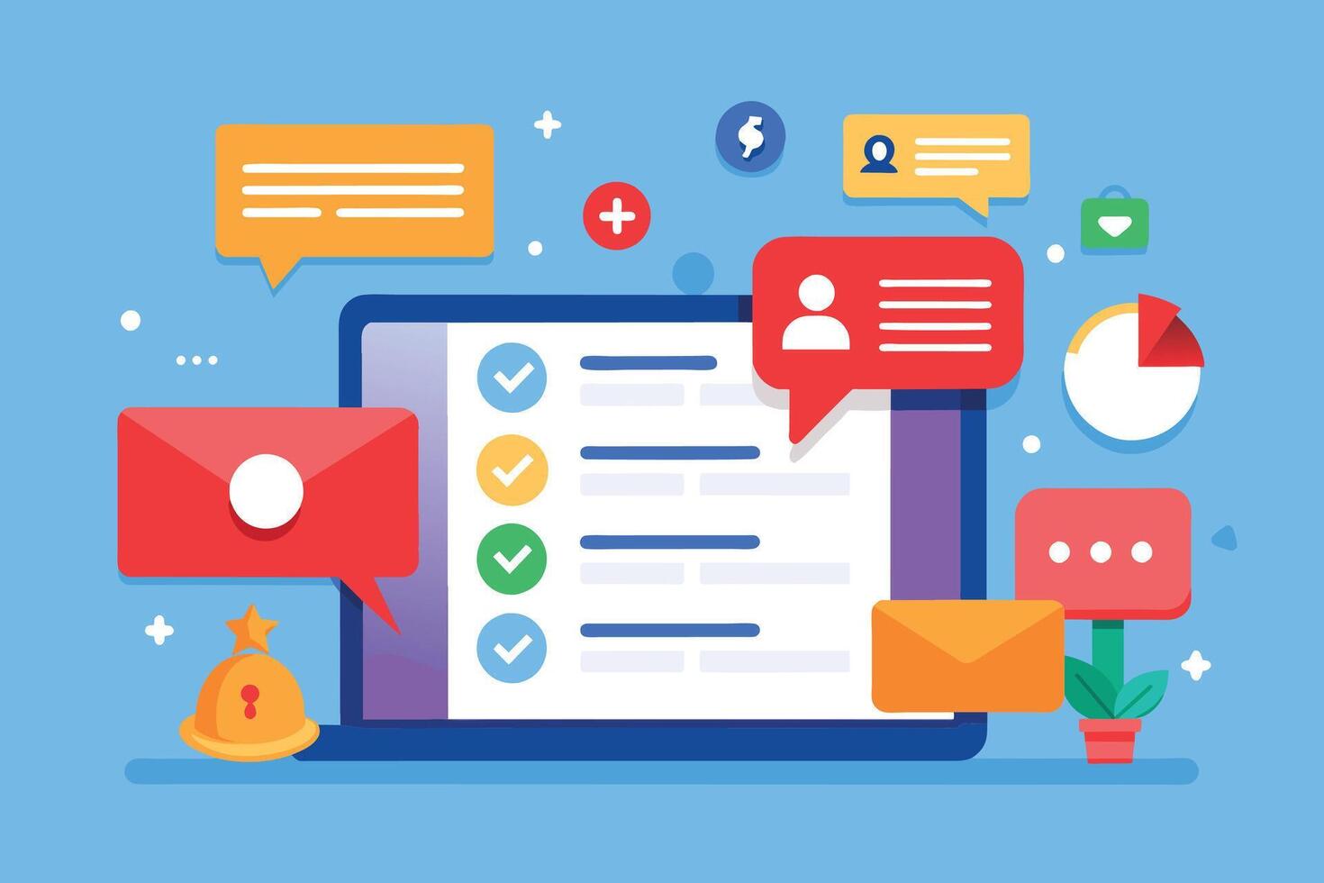 An illustration of a laptop computer with a checklist displayed on its screen, surrounded by multiple colorful notifications, including speech bubbles, mail icons, and a pie chart. vector